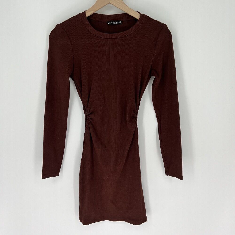 Zara Brown Bodycon Ruched Dress Side Cut Outs Size Medium